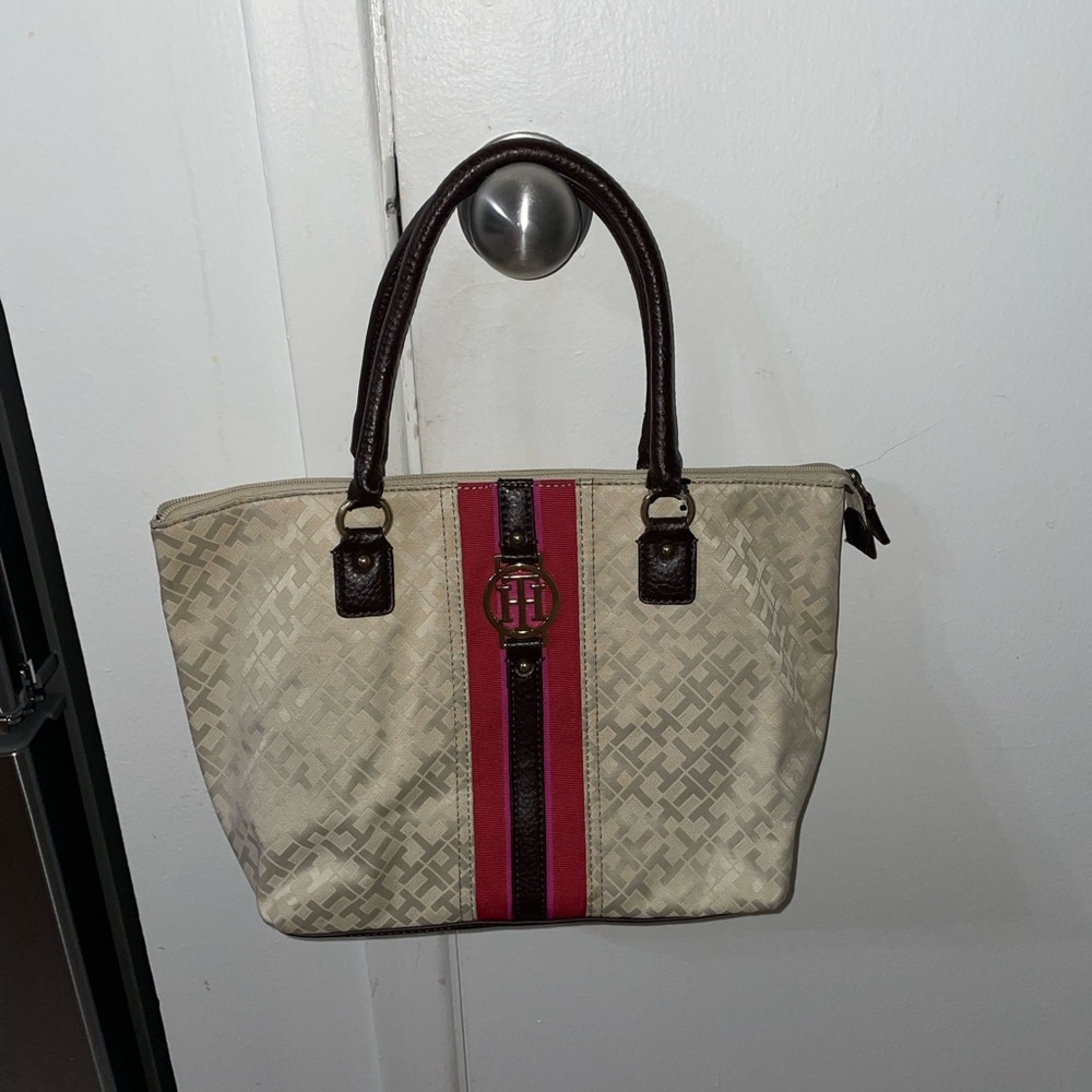 Tommy Hilfiger Cream Canvas Tote with Red Stripe and Brown Trim